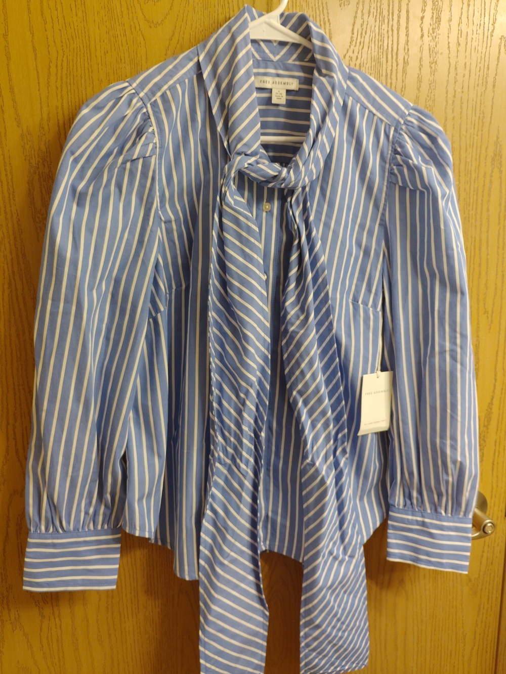 Puff-Sleeve Tie-Neck Striped Blouse - Blue/White